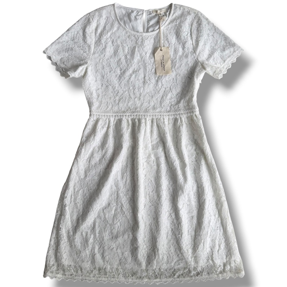Tea n Rose Womens S Ivory Floral Lace Short Sleeve Scallop Hem Mini Dress Bridal